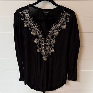 Lucky Brand Black Knit Blouse with Silver, Gold and White Embroidery